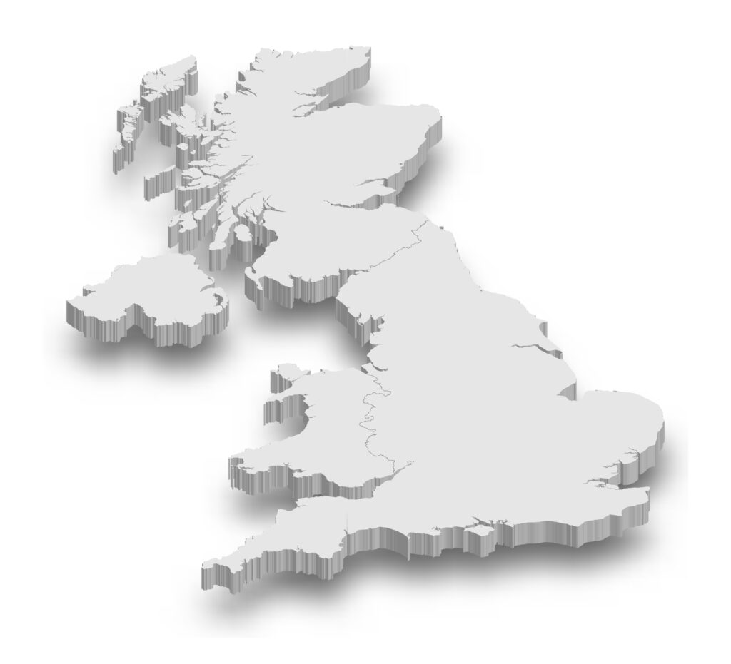 3d united kingdom white map with regions isolated