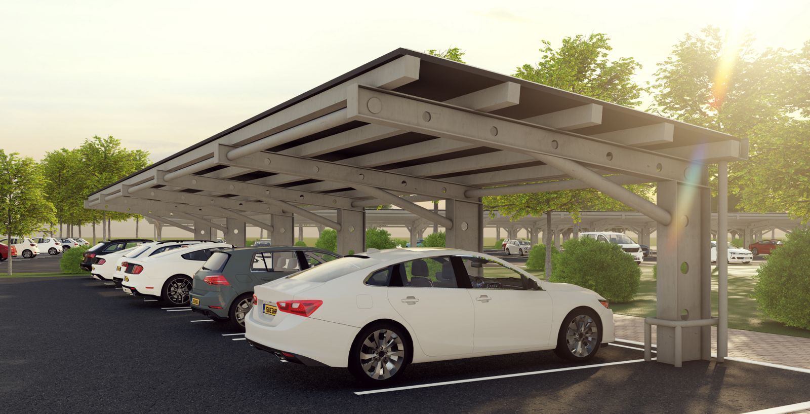 Mono-pitch solar carport design with optimal sun exposure