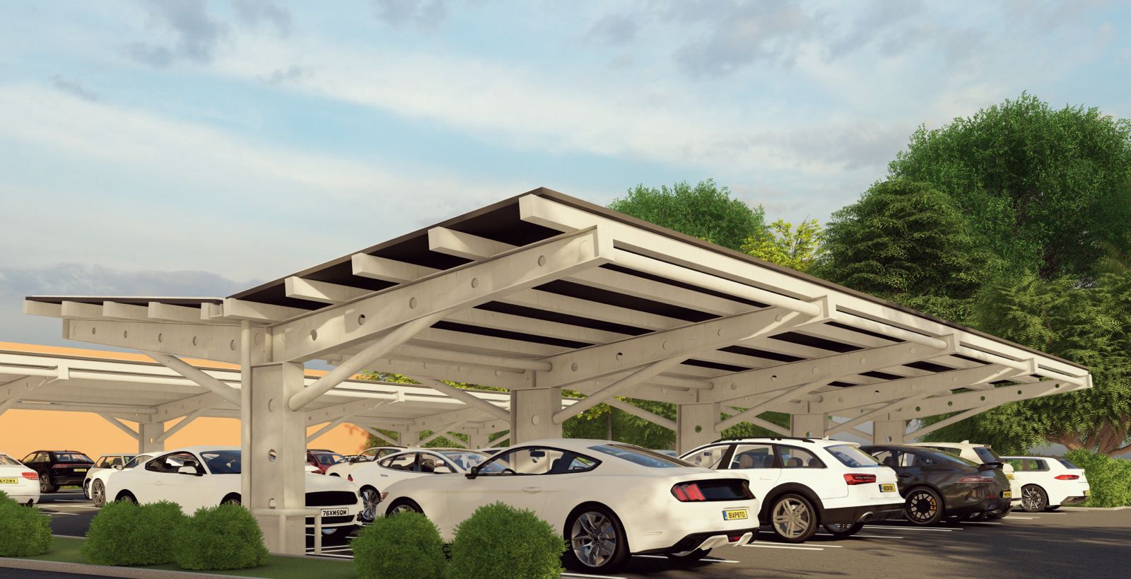 Dual-pitch solar carport design with balanced coverage